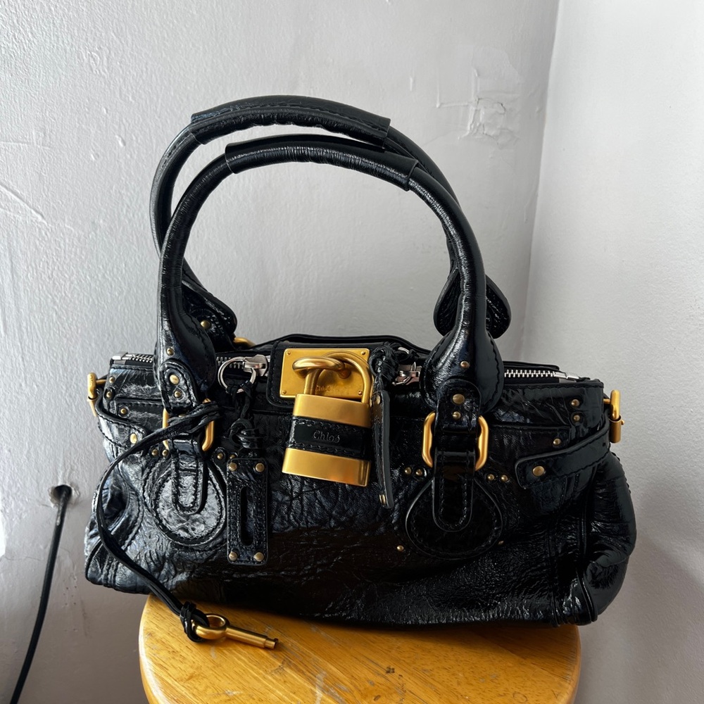 Authentic Chloe Paddington Vintage Patent Leather Black  Medium Satchel  Y2K